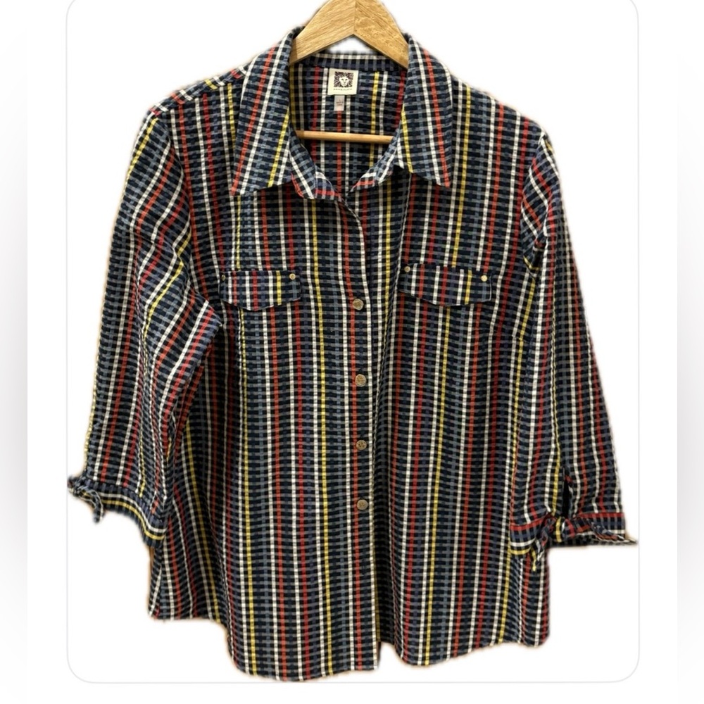 Anne Klein Seer Sucker Button Down 3/4 Sleeves  Bow Multi Color Stripes Top L